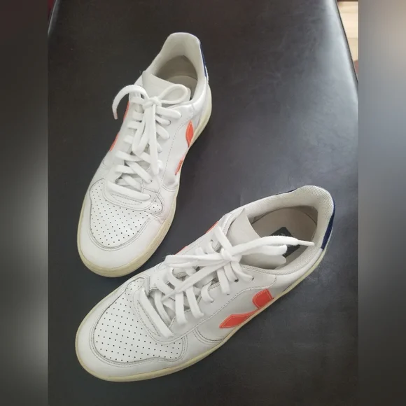 Veja Leather V-10 Sneakers Woman White N Orange Logo Sz 8 - Picture 2 of 14